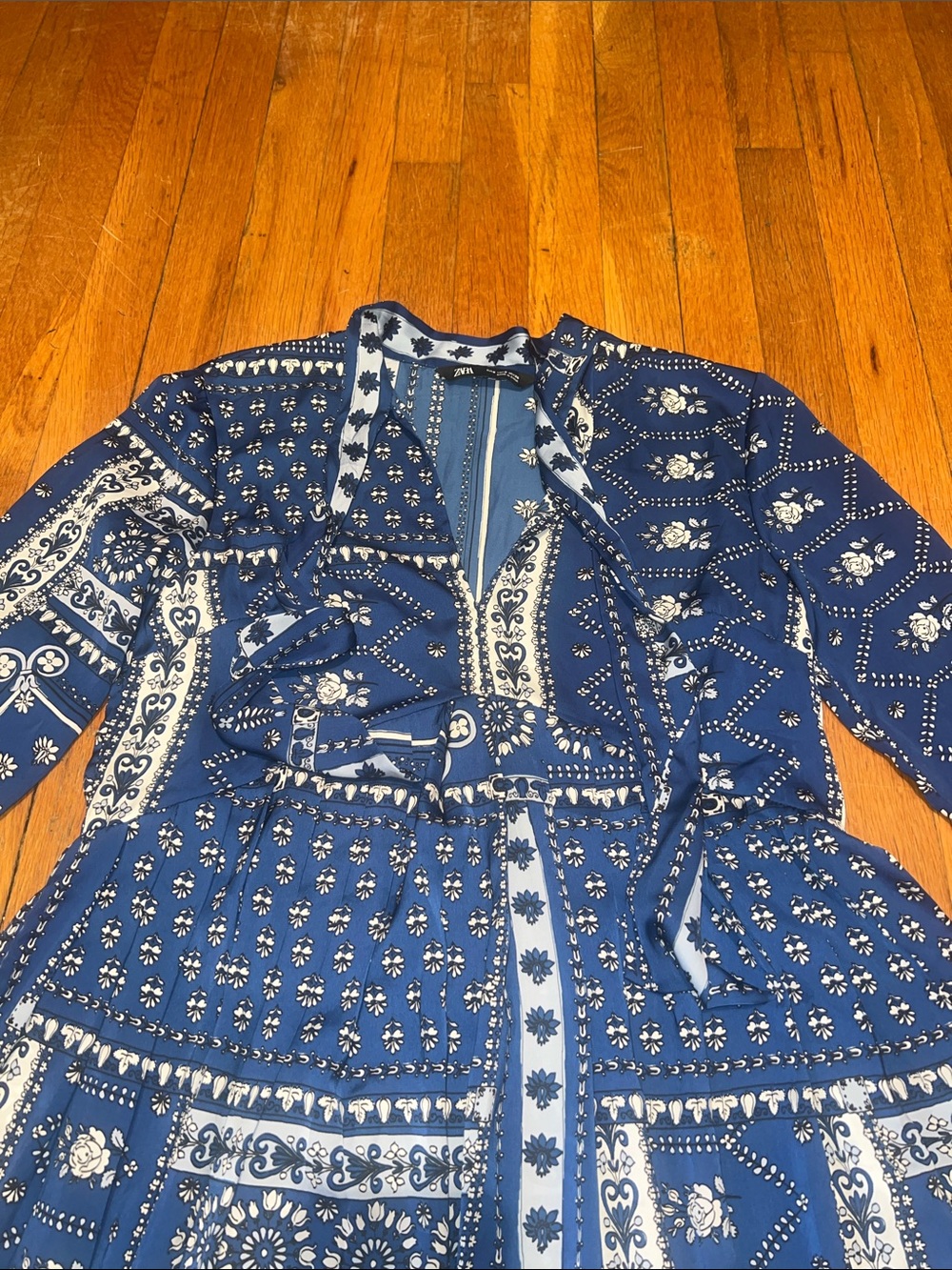 Zara Patchwork Pleated Long Sleeve Mini Dress in Bandana Blue, Women’s Small - Picture 4 of 16